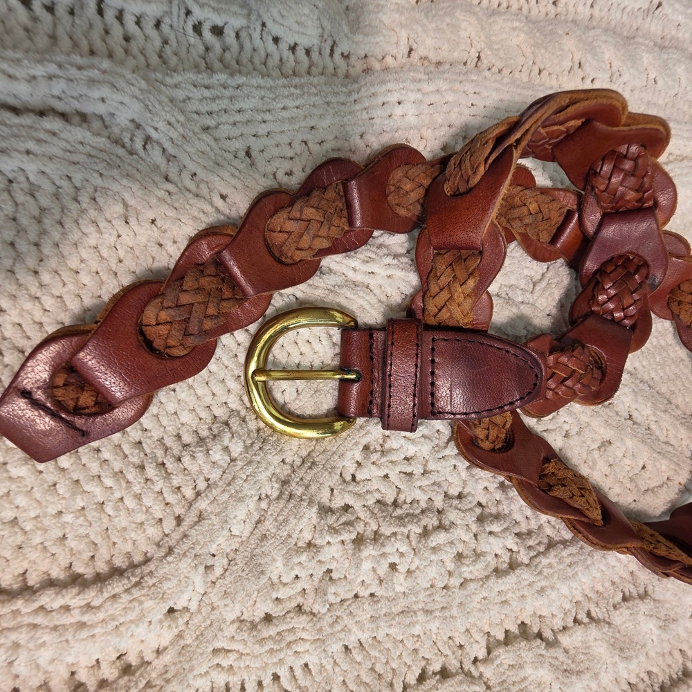 VTG Amiee Lynn Belt Brown Braided Leather Gold Buckle Womens Medium Excellent